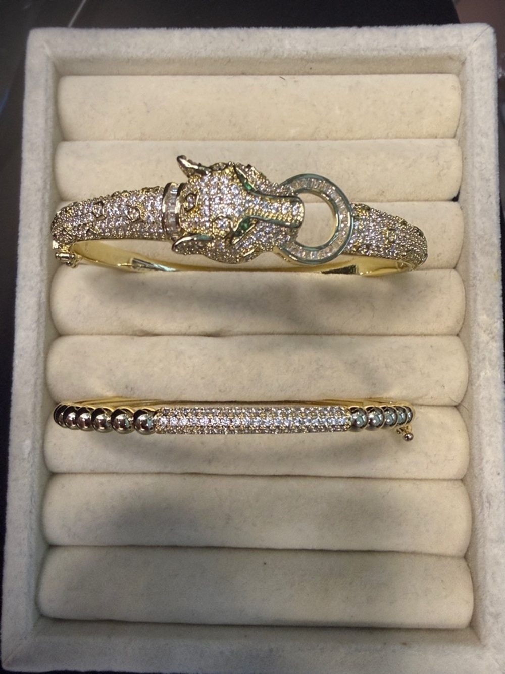 Gold Pavé Panther Bangle Bracelet with Green Accents - Women Jewelryfor gabzzz